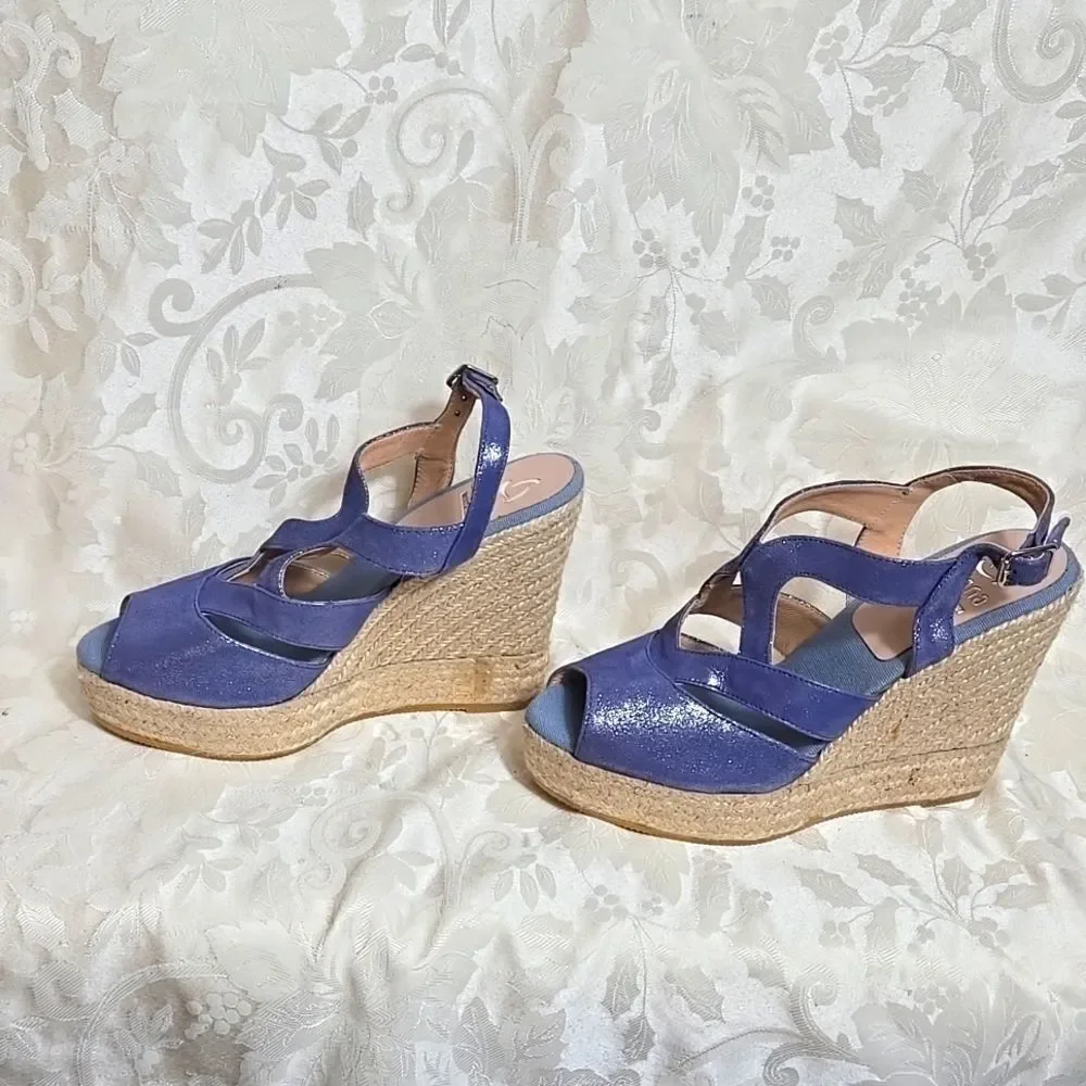 Kanna Women's Blue Leather Wedge Peep Toe Sandals